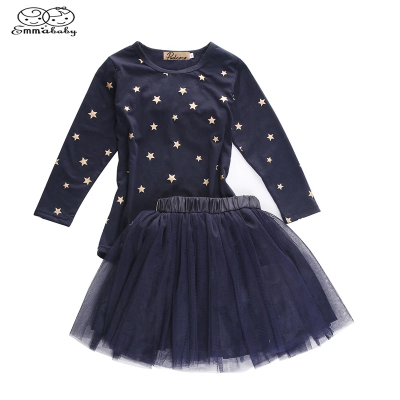 

2017 Summer & Winter Star Baby Girls Party Star T-shirt Bow Tulle Blue Princess Skirts Tutu 2pcs Outfits Set Outfits