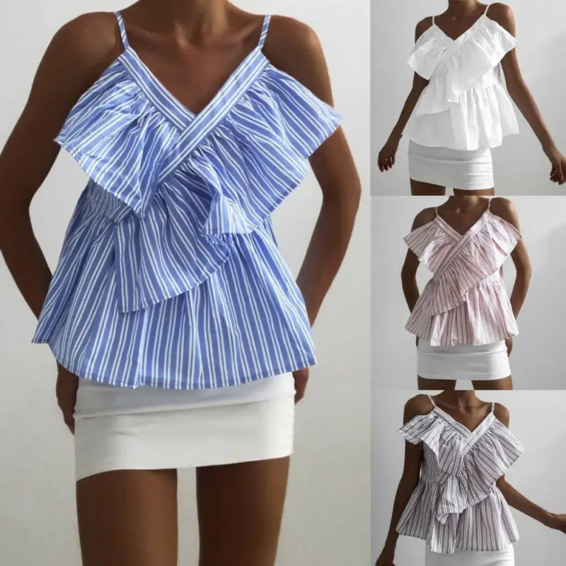 

New Elegant Tanks Women Ladies Sling Stripe Tops V-neck Ruched Frill Ruffles Bardot Casual Tops Cold Shoulder Summer Top T-shirt