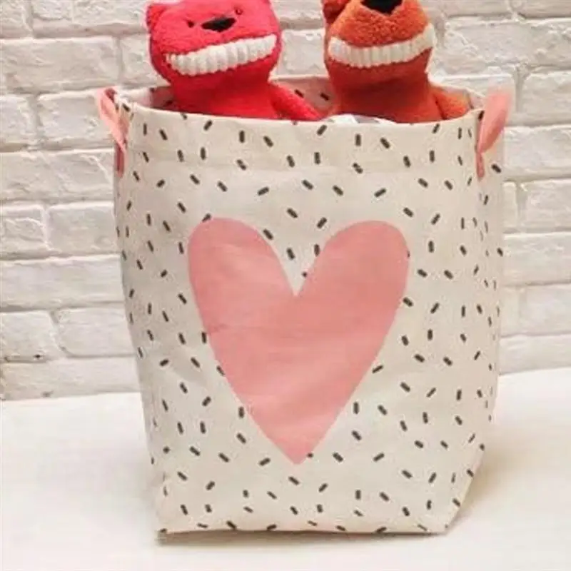 1 Pc Multifunctional Cotton Linen Laundry Basket Practical Printing Large Capacity Dirty Clothes Storage Basket (Loving Heart)