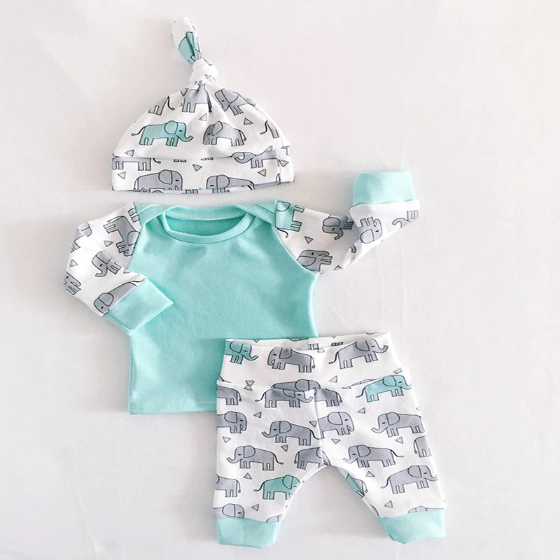 

Long sleeve Newborn Clothes 3PCS Baby Girl Clothes Set New Born Boys Sets Infant Baby Tops+Pants+hat Elephant pattern baby set