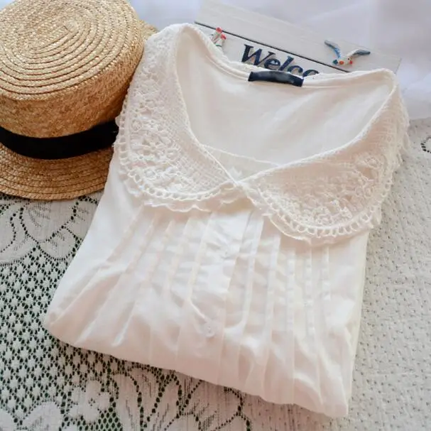 XS-4XL- белая кружевная рубашка с длинными рукавами и круглым отложным воротником, блузка mori girl - Цвет: Белый