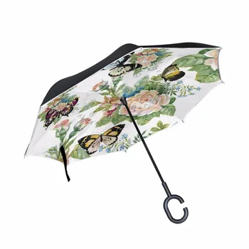 

Watercolor Flowers And Butterfly Windproof Reverse Umbrella Double Layer Long Shank Inverted Creative Customized Rain Protection