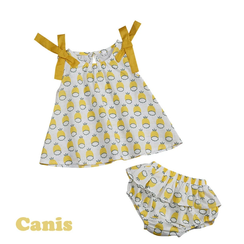 

summer cotton Newborn Girls Infant 2PCS clothes set Lemon Outfits Set Top Dress Ruffles Shorts Sunsuit