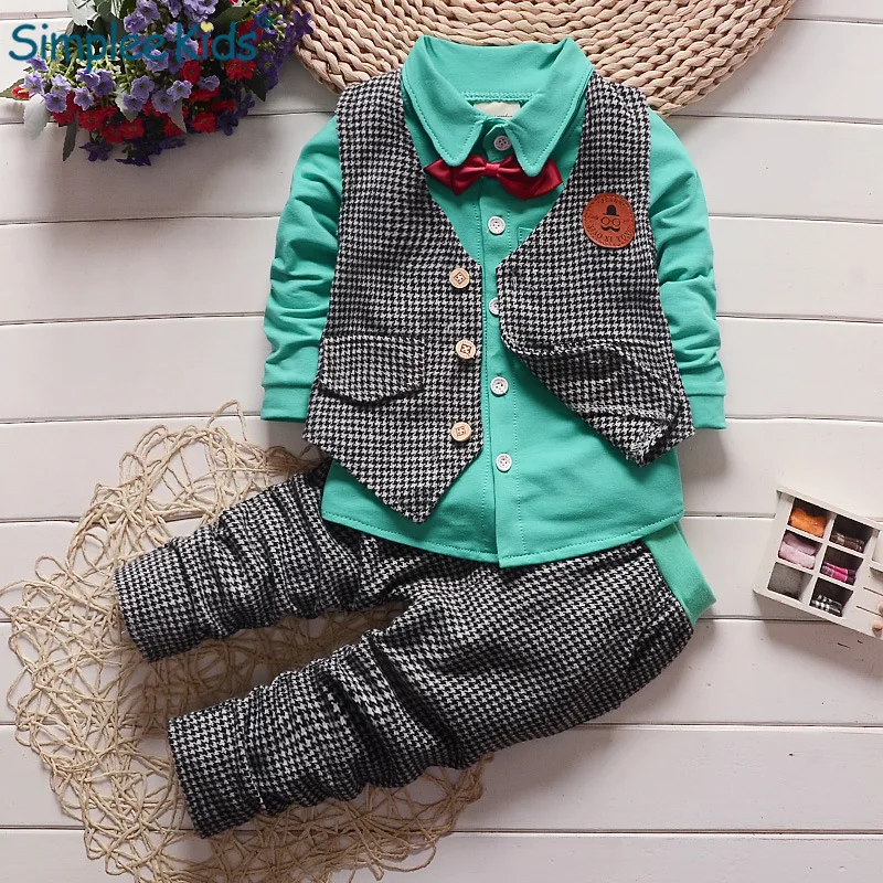 

Simplee Kids New Children Clothes Sets for Boys and Girls Autumn Long Sleeves Handsome Uniform Shirt Tops + Lattice Vest + Pant