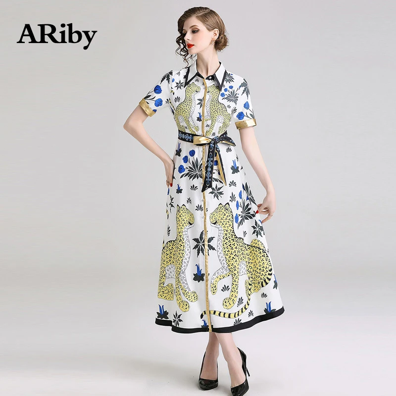 

Women Dress Summer Turn-down Collar Dress 2019 New Casual Temperament Printing Single Row Buckle Short Sleeves A-Line Thin Dress