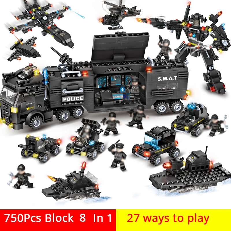 

8 In 1 City 750PCS Policeman SWAT Squad Robot Building Block Policeman Car Diy Brick Set Kids Toys Compatible with Gift
