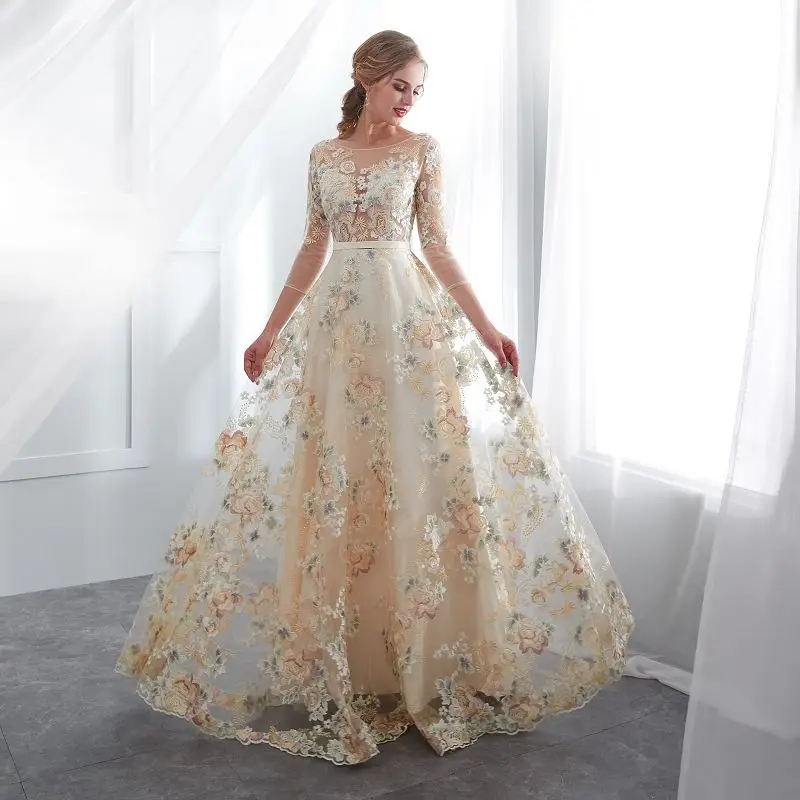 Sexy illusion Evening Dresses Long Formal party Elegant embroidery flower prom gowns 3 quarter sleeve Evening Dresses tulle Sexy illusion Evening Dresses Long Formal party Elegant embroidery flower prom gowns 3 quarter sleeve Evening Dresses tulle