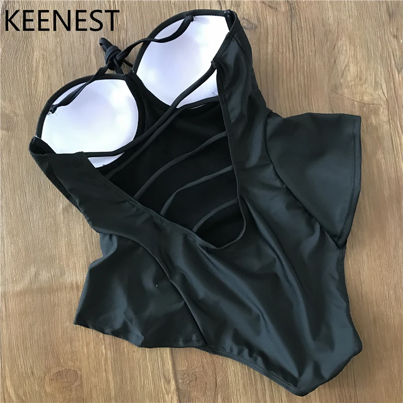 KEENEST Push Up цельный купальник гофрированный черный бандажный монокини купальники с