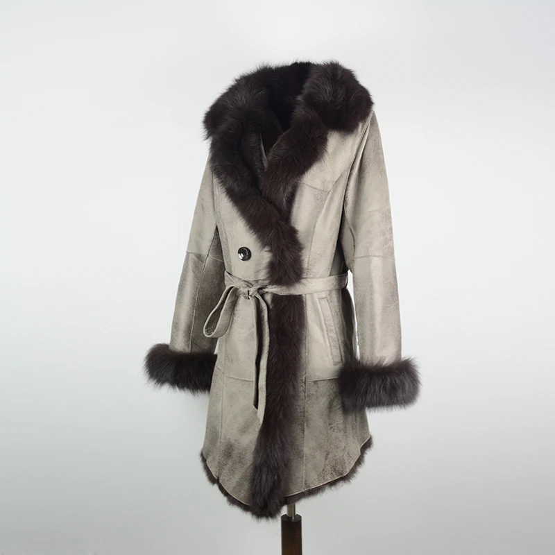 Real Fur Shearling Coat Women Real Fox Fur Collar Natural Rabbit Fur Shearling Outwear rf0289