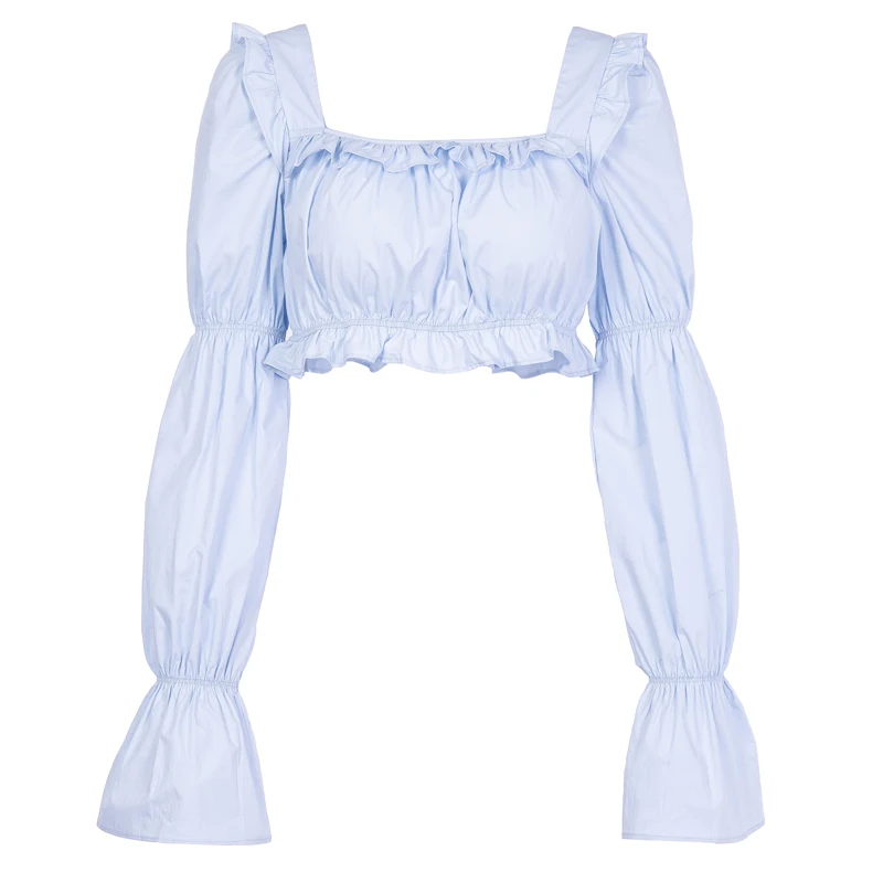 InstaHot Блузы с пышными рукавами квадратным вырезом женские винтажные рубашки осенние с рюшами с оборками кроп топы, Элегантная блузка с открытыми плечами, однотонные