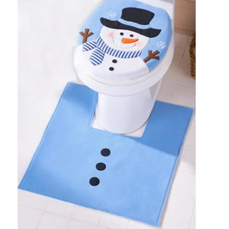 

2pcs Christmas Decoration Blue Snowman Toilet Seat Decoration Foot Pad Nonwoven Fabric Bathroom Rug Bathroom Set Home Decor