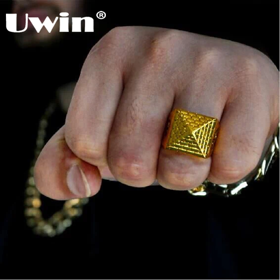 

Uwin New Arrival Cool Pyramid Model Mens Retro Style Gold Color Ring Wipe Black Pattern Hip hop Fashion 8-11 Rings Drop Shipping