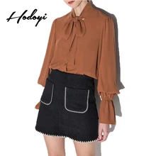 

Hodoyi Women Fashion New Autumn Solid Deep Khaki Loose Casual Cute Draped Shirt Lantern Sleeve Stand Collar Tie Front Blouse
