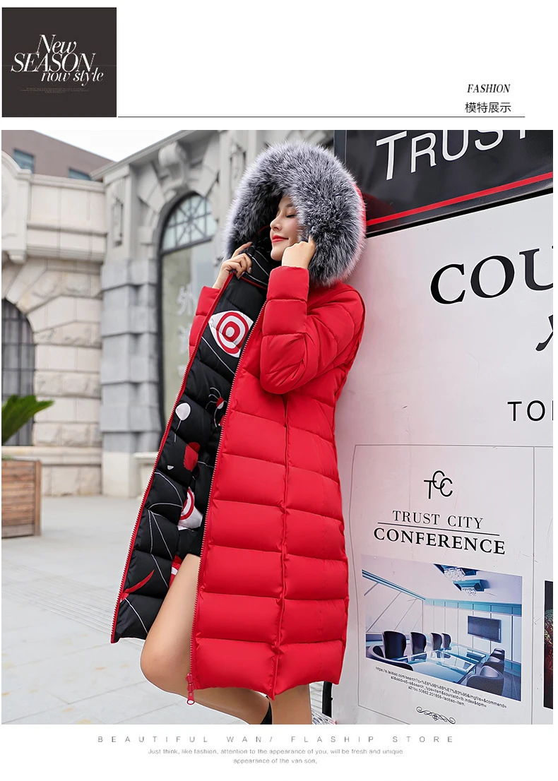 MANDADI winter clothes women fashion cotton padded winter coat women fur collar outerwear hooded print long jacket female