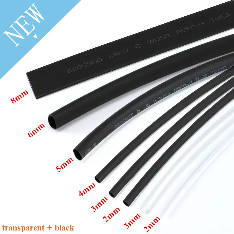 1lot Heatshrink Heat Shrink Tube Transparent + Black Insulation Sleeves Wire Wrap Cable Kit 6 Size 2mm/3MM/4MM/5MM/6MM/8MM