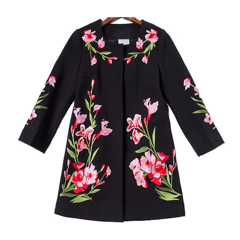 Beste Vintage koninklijke borduren herfst basic jas jas vrouw Tops elegante slanke dame plus size zwarte bloemen casual jas vrouwelijke S 6XL