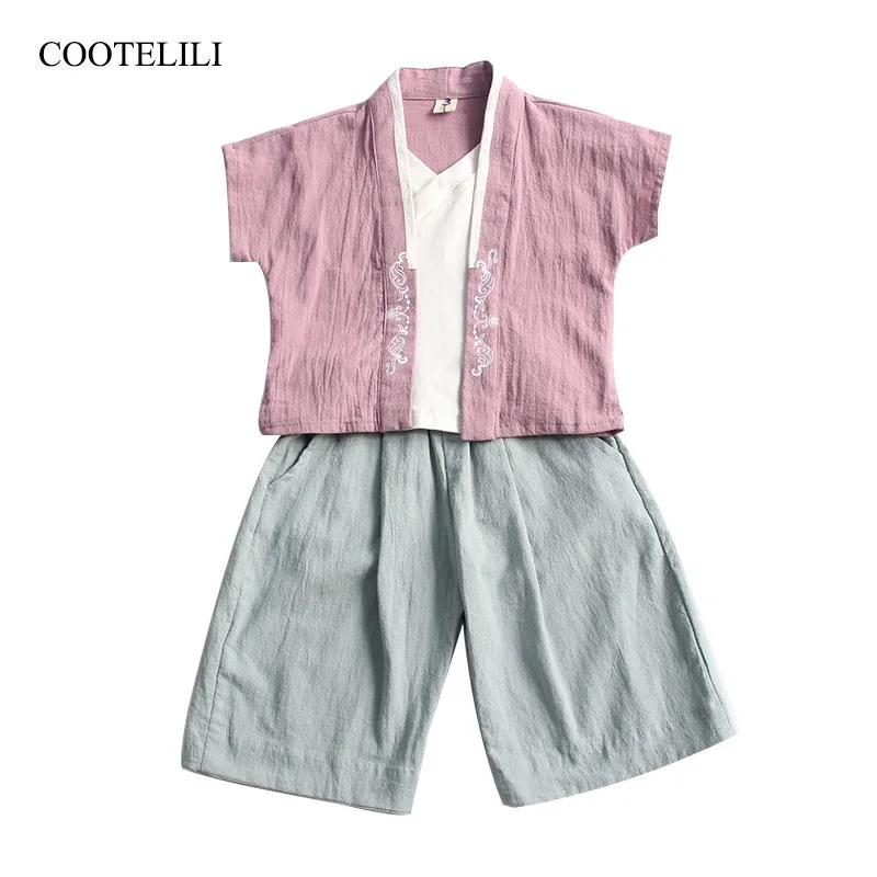 

COOTELILI Cotton Linen Summer Toddler Girls Clothes Sets Short Sleeve Suits 2PCS T-shirt + Pants Children Clothing 90-130cm