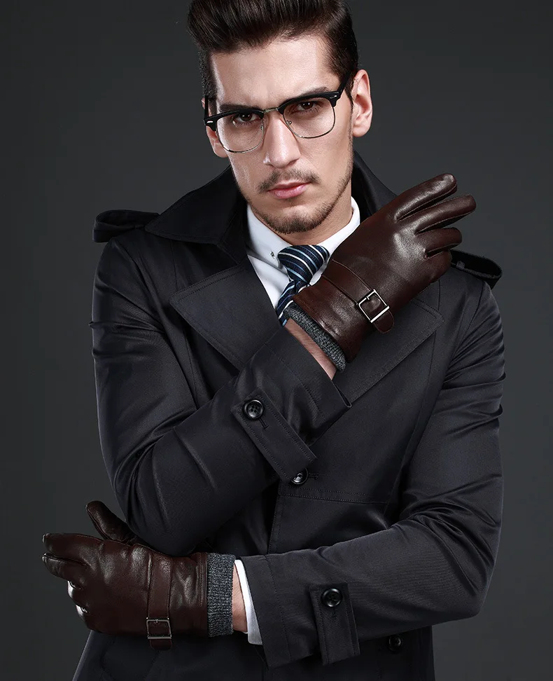 

NEW Leather winter guantes warm sheepskin Gloves men Leather gloves simple prevent cold Gloves for men TWA559