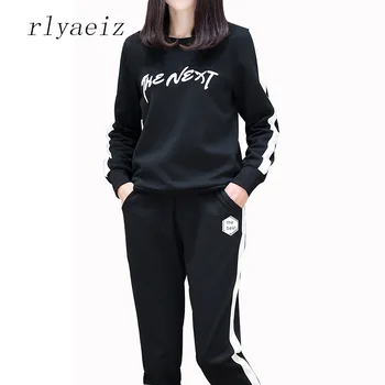 

RLYAEIZ Sportswear XL-5XL 2 Piece Set Women Tracksuit 2017 Autumn Striped THE NEXT Printed Hoodies + Pants Casual Sporting Suits