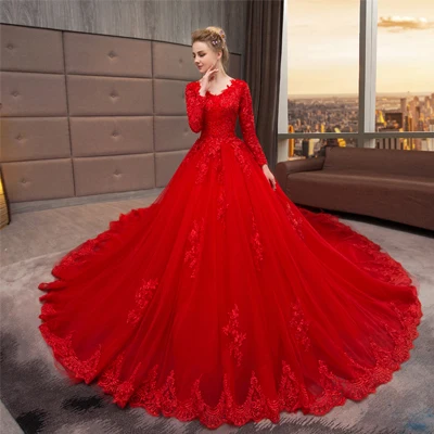 Винтажное кружевное свадебное платье с длинным рукавом Vestido De Noiva, бальное платье с v-образным вырезом, Красные Свадебные платья с длинным шлейфом, Robe De Mariee - Цвет: Красный