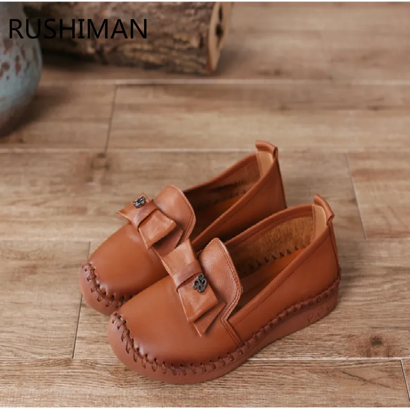 

RUSHIMAN Spring hand sewing lazy shoes leather single non-slip soft bottom round mother shoes large women's shoes size 35-43