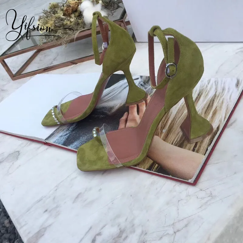 

OLOME New Fashion Green Kid Suede Sexy Women Summer Spring Sandals Open Toe Crystal Thin Hihg Heel Sandals Shoes Women