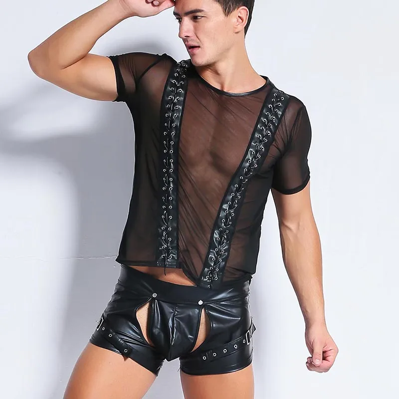 AIIOU, Комплект маек для геев, сетчатая искусственная кожа, прозрачная, для фитнеса, черная повязка, эротические забавные штаны, нижнее белье для мужчин, Одежда для танцев
