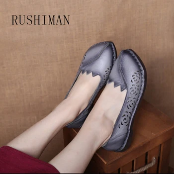 

RUSHIMAN 2018 Summer New Retro Brush Color Mori Female Cowhide Cold Drag Girl Clip Toe Flat Casual Leather Flower Slope And Slip