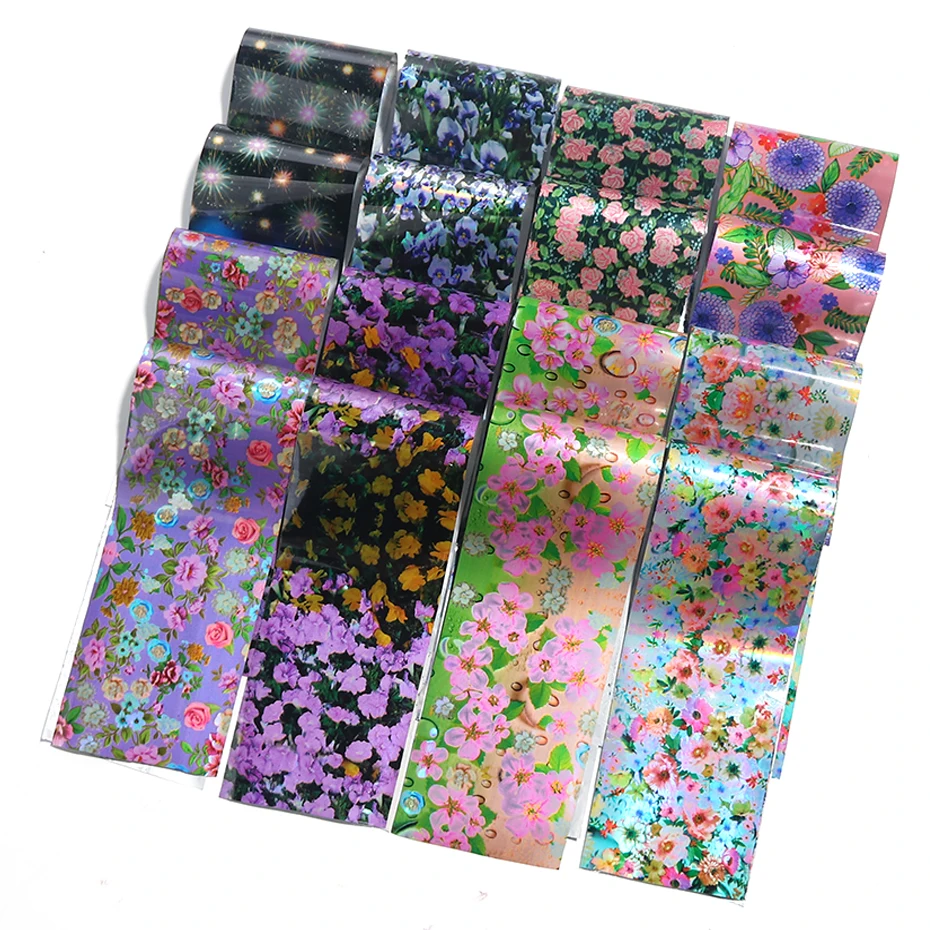 16pcs Colorful Flowers Nail Foils Stickers Adhesive Holographic Transfer Starry Paper Decals Summer Floral Wraps Decor Tip LA795 (13)