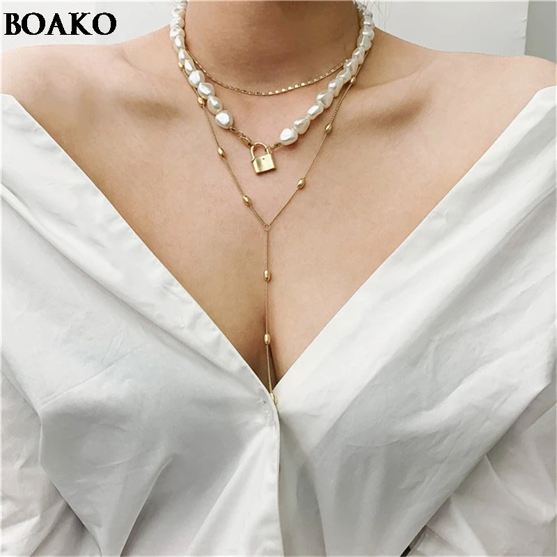 

Concentric lock/Long necklace White Natural Baroque Pearl Choker Necklace for Women Simple Style Wedding Party Jewelry gift A30