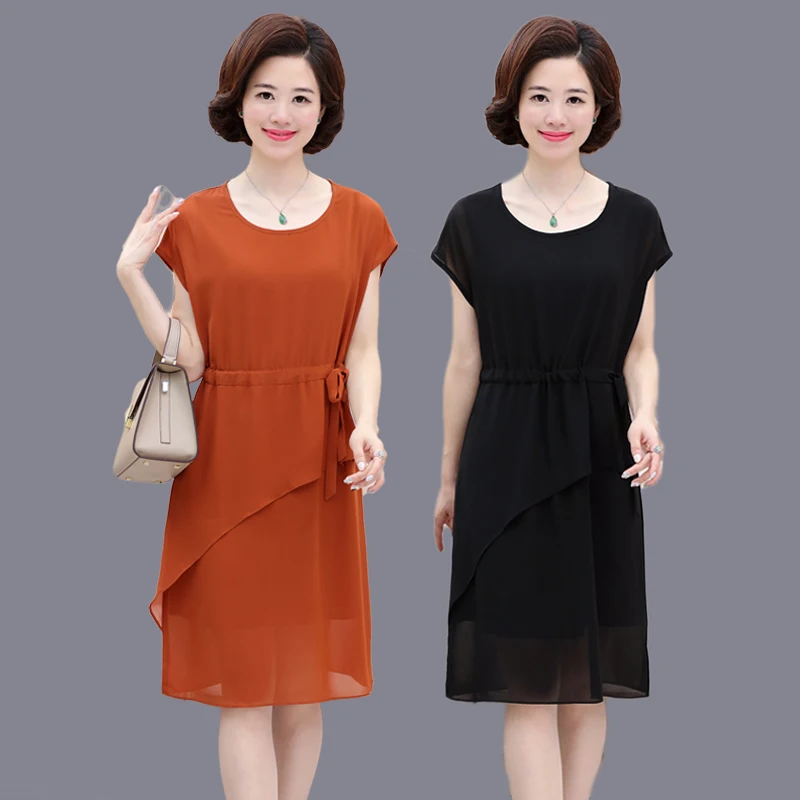 

2019 new mother dress 40-50-year-old middle-aged women's summer loose big yards short sleeve chiffon dress