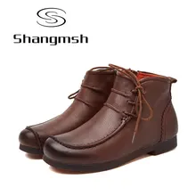 Shangmsh 2017 New Ankle Women Boots Genuine Leather Fashion Retro Handmade Shoes Comforable Shoes Footwear Female Flats