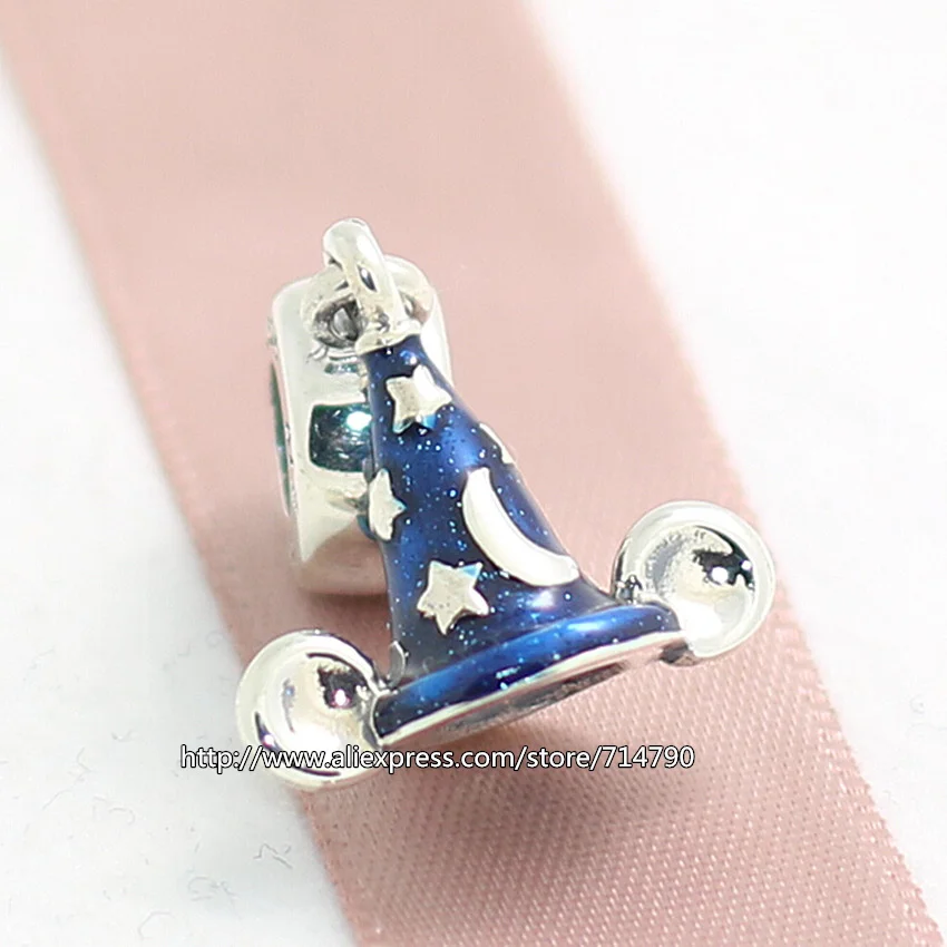 925 Sterling Silver Blue Enamel Mickey Hat Dangle Bead with Clear Cz Fits European Jewelry Charm Bracelets Necklaces Pendants