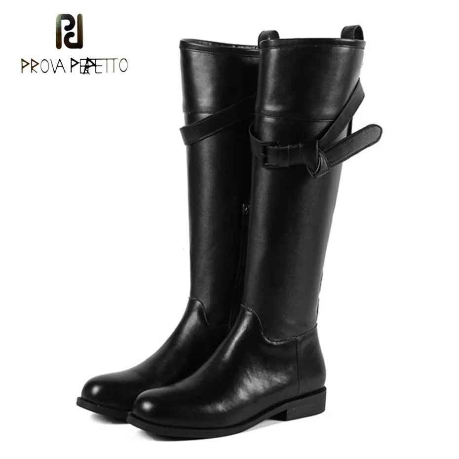 

Prova Perfetto solid color black leather belt decor motorcycle boots women knee high boots round toe low heel knight boots mujer