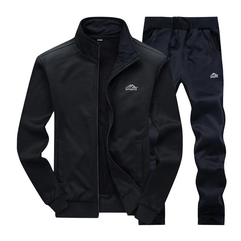 Мужской повседневный спортивный костюм, облегающий, с рисунком, мужской однотонный набор застежек на молнии, куртки+ штаны, мужская спортивная одежда, два предмета, спортивные костюмы - Цвет: LY003 Black