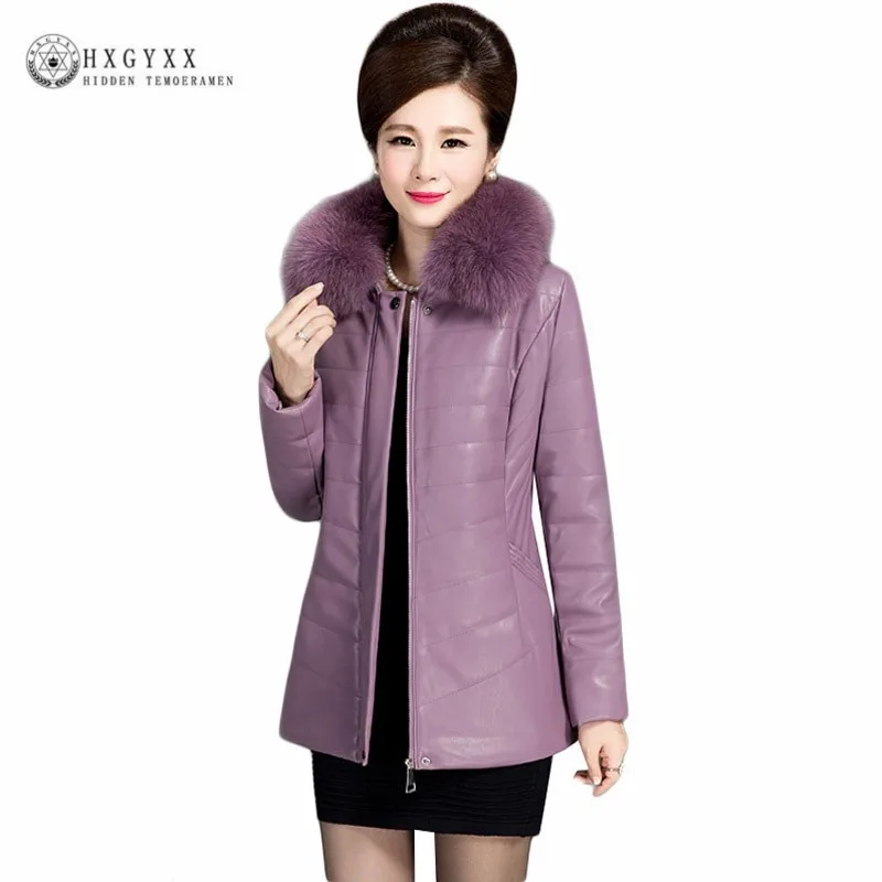 

2019 Fur Collar faux Leather Coat Women Clothes Thick Warm Waterproof Winter Down Jacket Plus Size Parka Female Outerwear Okd443