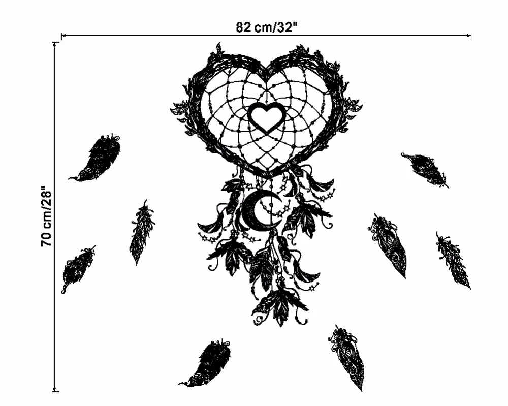 Черное сердце любовь Ловец снов на стену наклейки искусство ПЕРО Спальня Гостиная наклейки на стены съемные самоклеющиеся настенные dc18