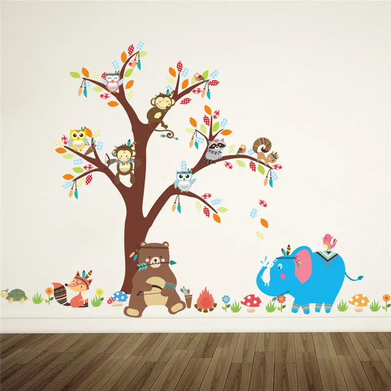 Джунгли Животные медведь Сова Слон Дерево Наклейка на стену для детей детская игровая комната украшения домашний декор наклейка