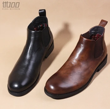 

European style genuine leather Chelsea Boots Black/Brown round toe slip on ankle booties men's casual short boot winter boots