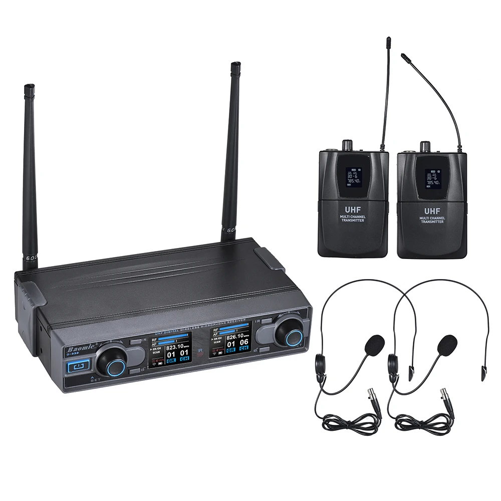 UHF Dual Channels Wireless Microphone Mic System with 2 Bodypack