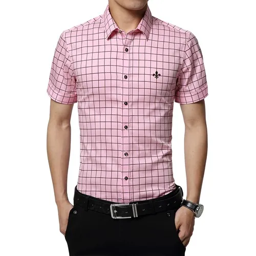 Dudalina, новинка, летние мужские хлопковые рубашки, короткий рукав, клетчатый узор, деловая официальная рубашка, мужская рубашка - Цвет: 2305pink
