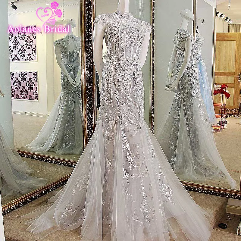 

AOLANES Customization Mermaid Elegant Gray Colored Evening Dresses Tulle With Appliques Beaded Abendkleider 2017 Vestido Longo