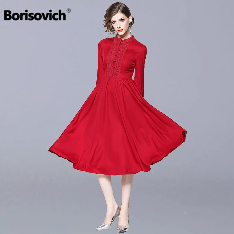 

Borisovich Women Casual Long Dress New 2018 Autumn Fashion England Style Big Swing A-line Elegant Ladies Party Dresses N019