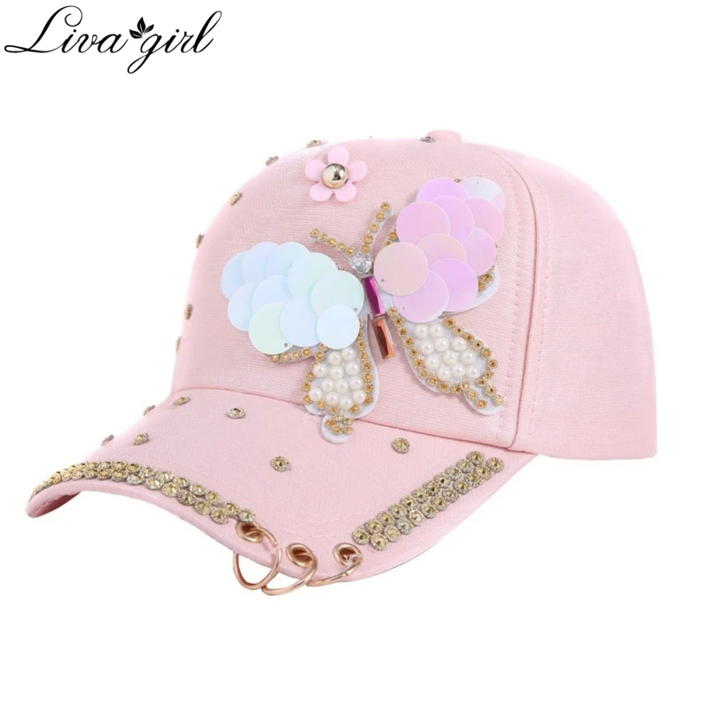 New Women Baseball Caps Brand Bling butterfly Pearl Sequins Hip Hop