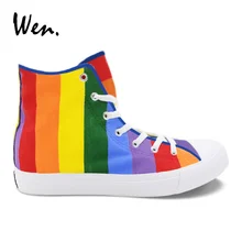 Вэнь ручная роспись парусиновая повседневная обувь дизайн Яркая Радуга на заказ Спортивная унисекс с высоким берцем для девочек и мальчиковбольшие размеры