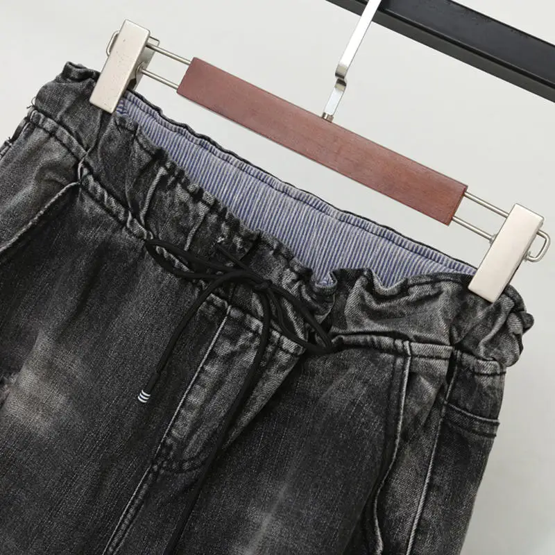 Уличная одежда размера плюс 5XL, рваные женские джинсы с дырками, эластичные свободные черные джинсы с высокой талией, джинсовые штаны-шаровары, женские джинсы C5361