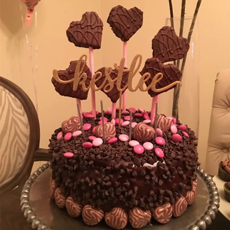 На заказ одно имя день рождения торт Топпер индивидуальный акриловый деревянный Лазерная резка торт силуэт прекрасное Зеркало розовое
