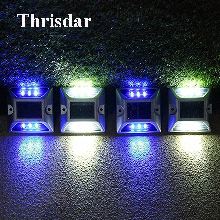 Beste Thrisdar 4 STKS Solar Deck Light 6 LED Outdoor Solar Dock Pathway Road Marker Stud Licht Waterdicht Snelweg Waarschuwing Security licht