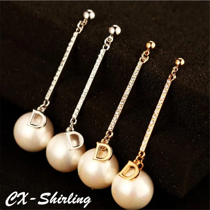 

CX-Shirling New Quality Gold&Silver D Letter Long Line Crystal Earring Female Anti-Allergy Design Dangle Pearl Earring
