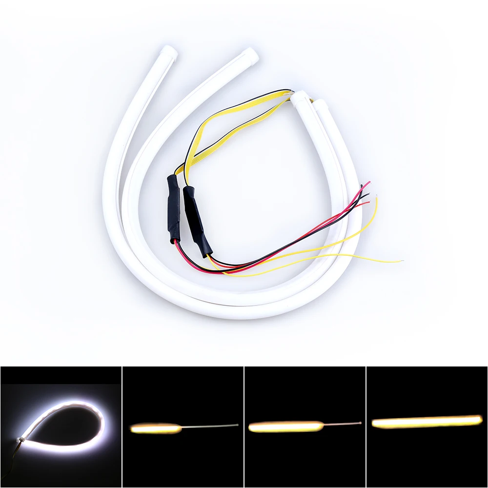 

60CM Car DRL Running Flexible Turn Signal White Amber Yellow LED Flowing Daytime Running Light Headlight Strip Waterproof